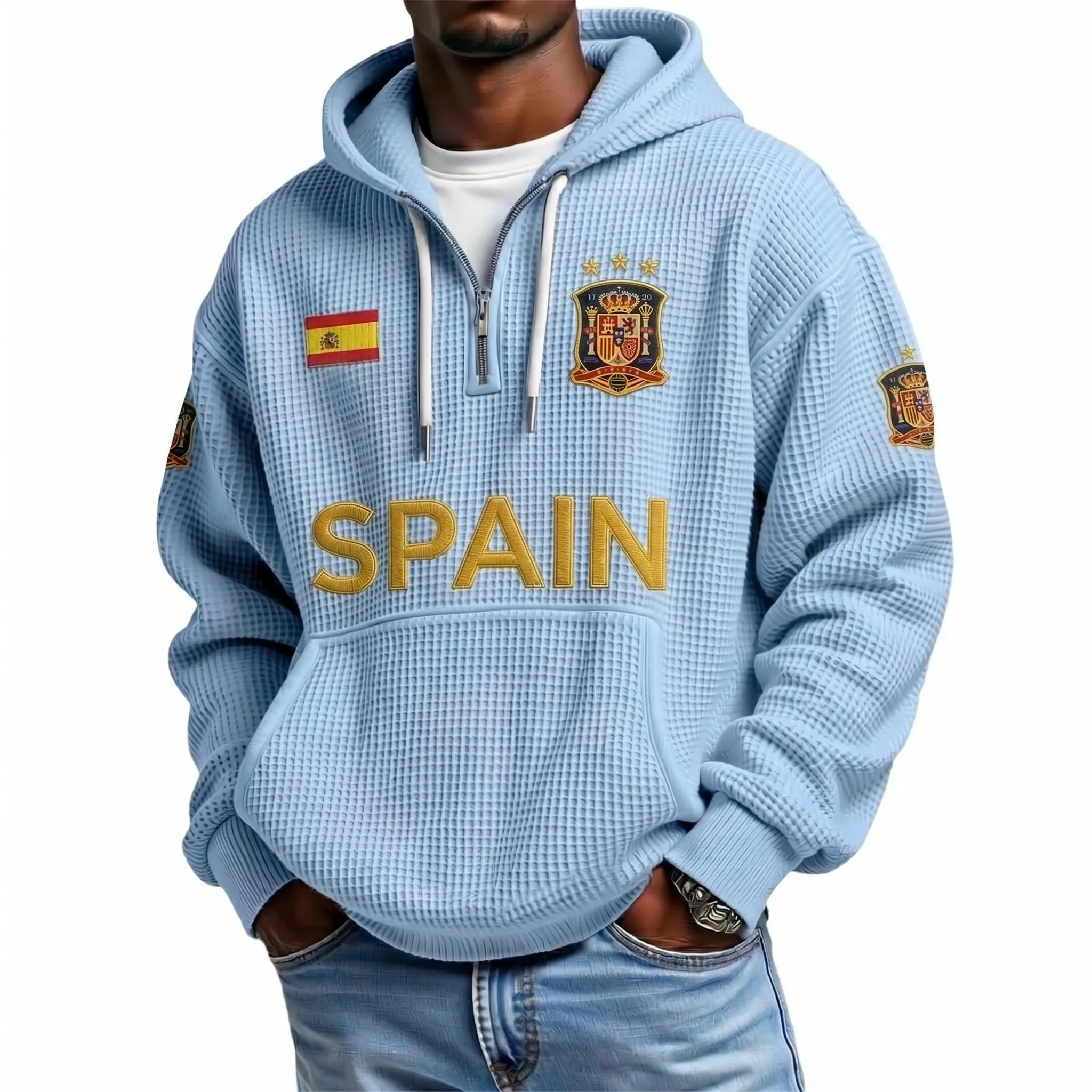 Spain Printed Waffle Quarter Zip Football Fan Hoodie
