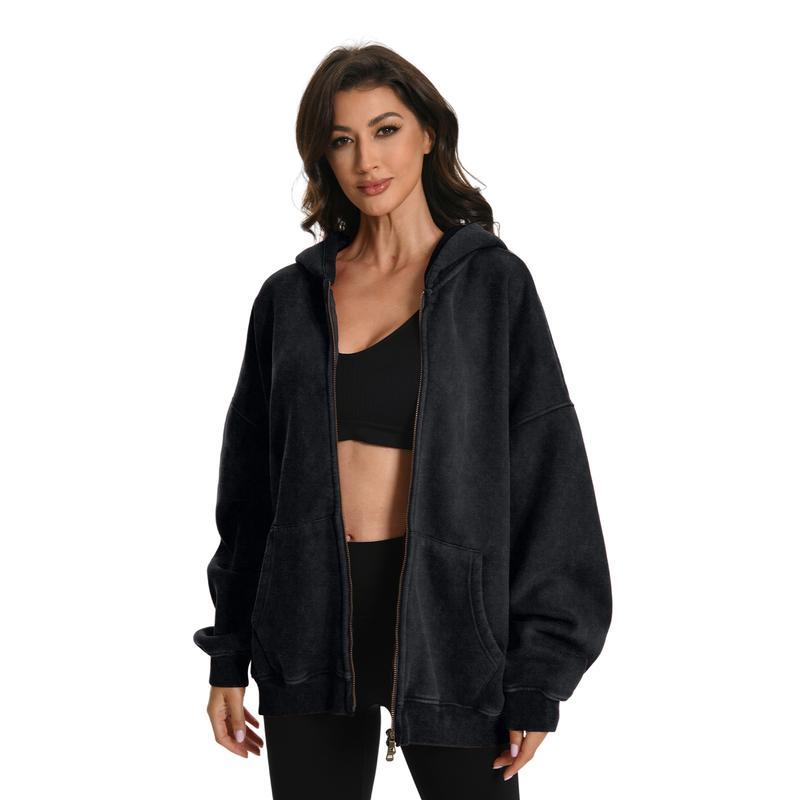 Oversized Long Sleeve Pullover Hoodie With Acid Wash Finish And Double Zipper