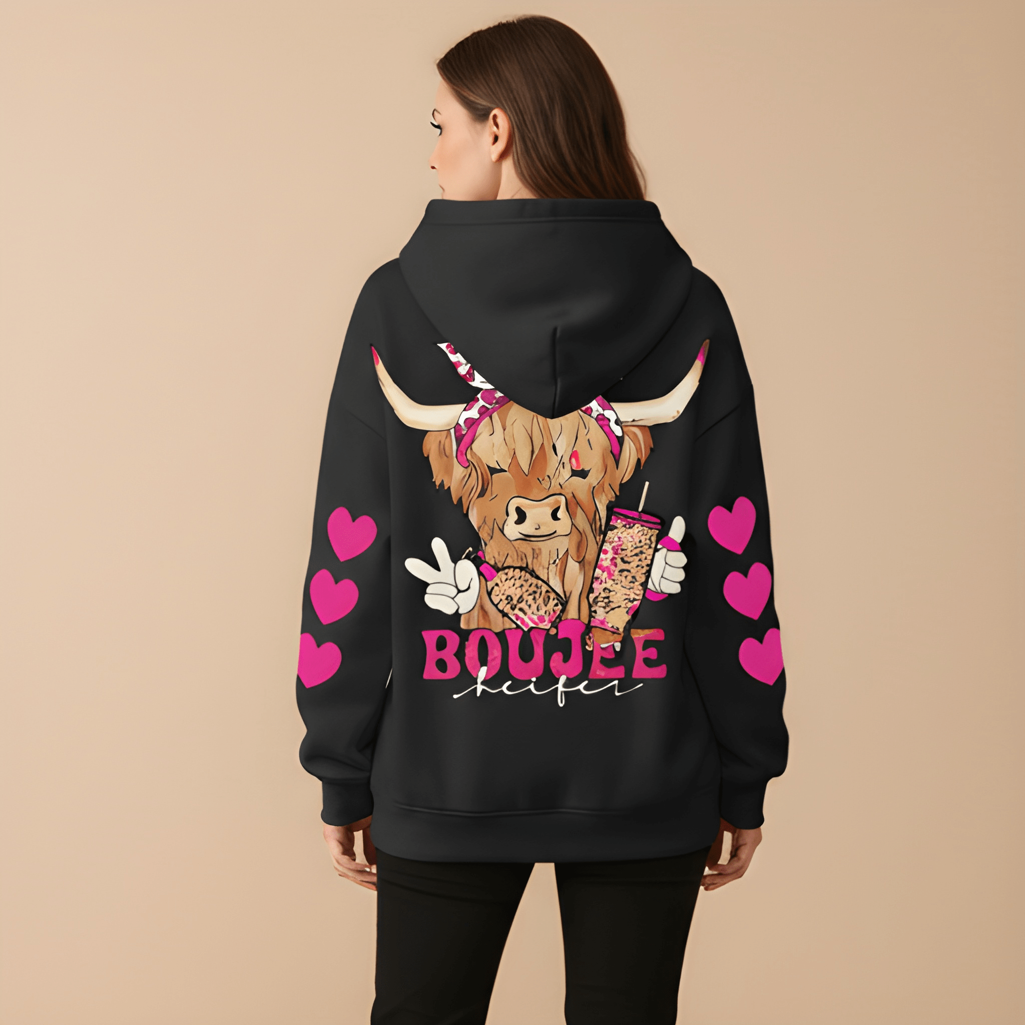 Valentine Cow Graphic Plus Size Casual Pullover Hoodie