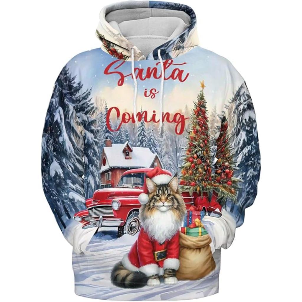 Christmas Santa Cat Truck Tree All Over Print 3D Zip Hoodie