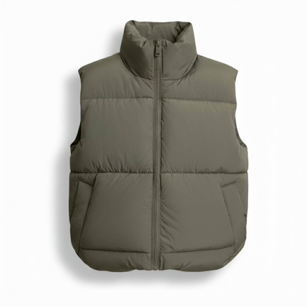 Puffer Vest with High Collar and Zipper Closure