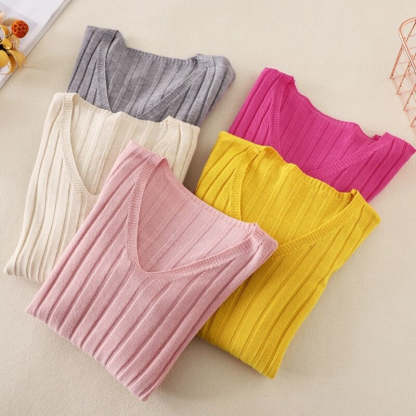 Basic V-Neck Solid Bodycon Knitted Sweater For Women-Soco Hoodie