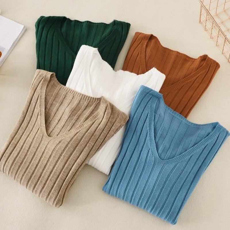 Basic V-Neck Solid Bodycon Knitted Sweater For Women-Soco Hoodie