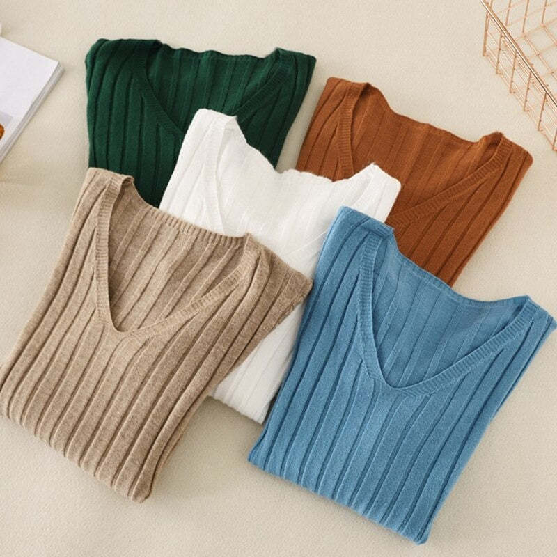 Basic V-Neck Solid Bodycon Knitted Sweater For Women-Soco Hoodie