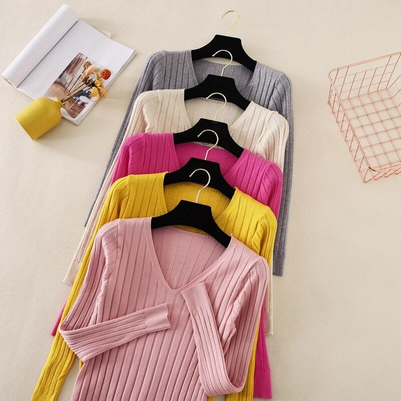 Basic V-Neck Solid Bodycon Knitted Sweater For Women-Soco Hoodie