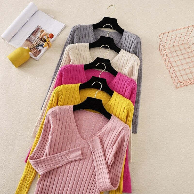 Basic V-Neck Solid Bodycon Knitted Sweater For Women-Soco Hoodie