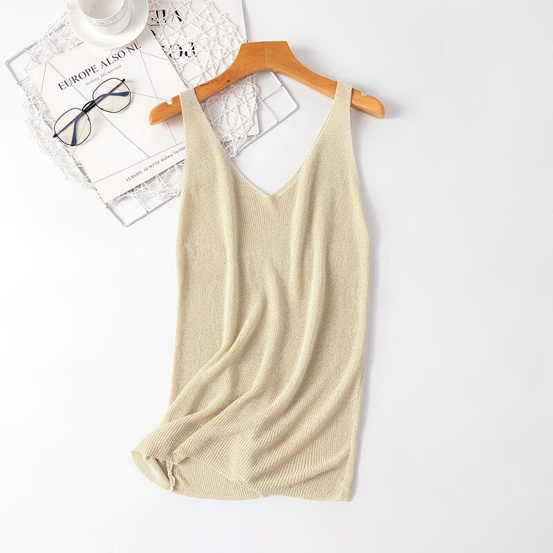 V-Neck Loose Bright Knitted Camisole Tanks For Women-Soco Hoodie