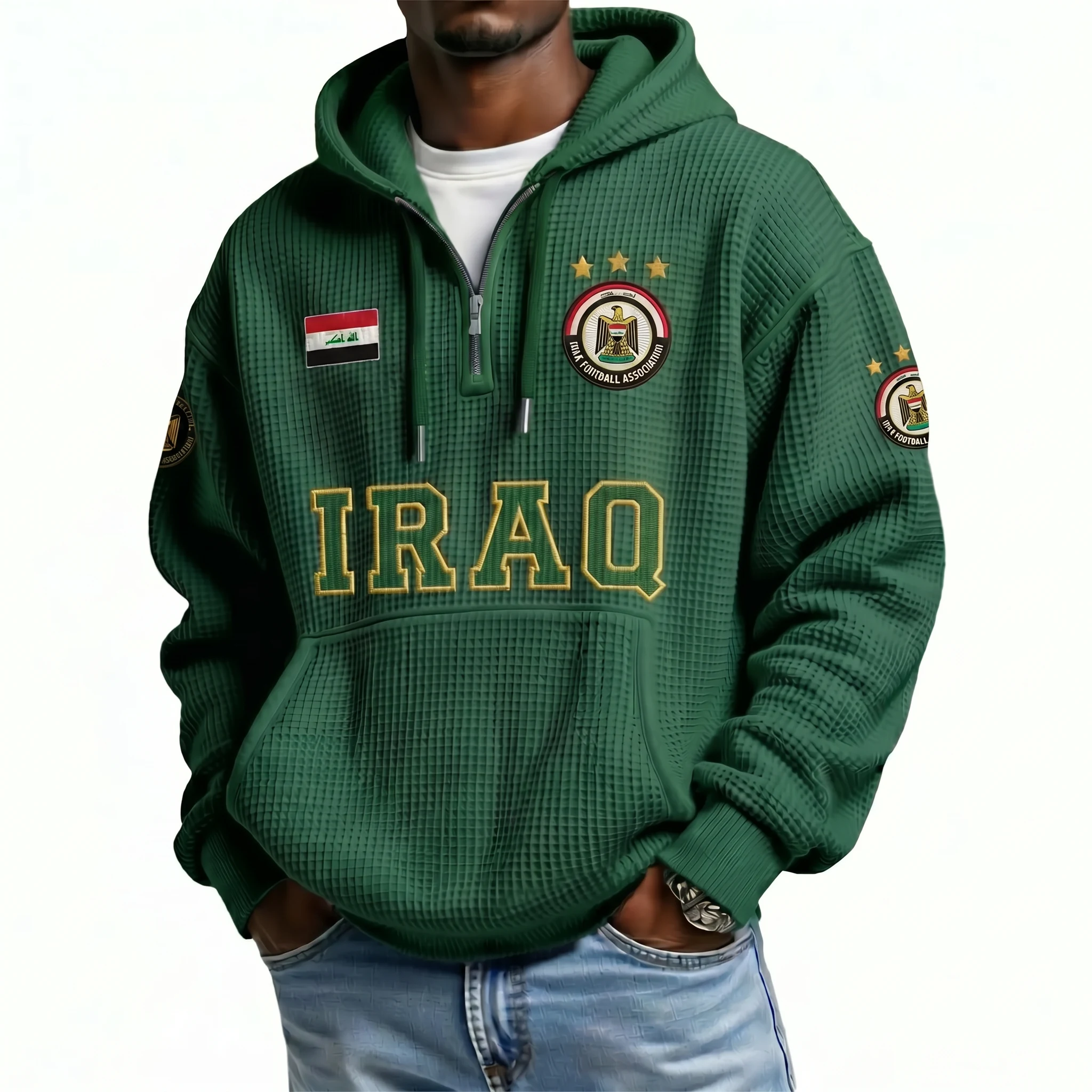 Iraq Printed Waffle Quarter Zip Football Fan Hoodie