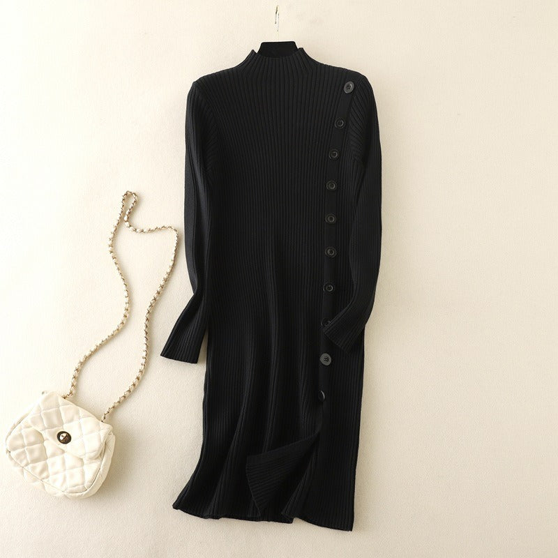 Mock Neck Side Slit Knitted Sweater Dress-Soco Hoodie