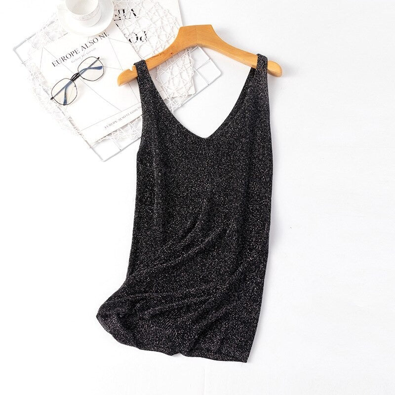 V-Neck Loose Bright Knitted Camisole Tanks For Women-Soco Hoodie