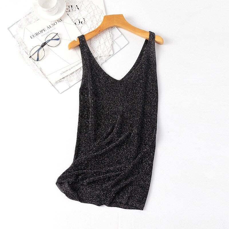 V-Neck Loose Bright Knitted Camisole Tanks For Women-Soco Hoodie