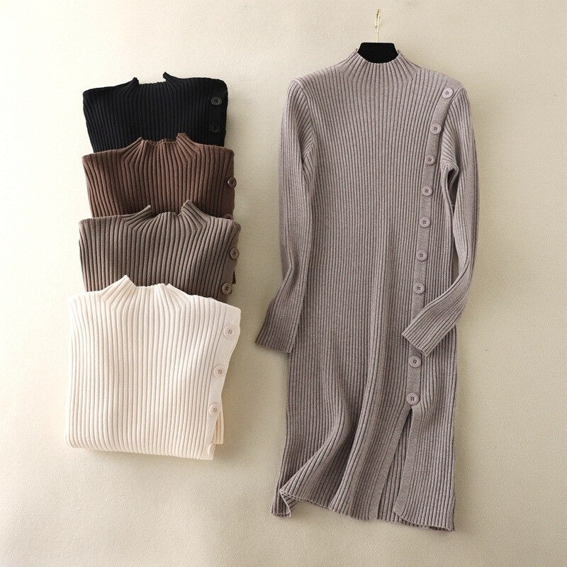 Mock Neck Side Slit Knitted Sweater Dress-Soco Hoodie