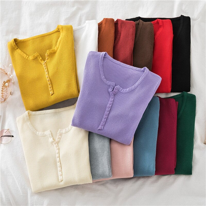 V-Neck Knitted Thin Long Sleeves Pullover For Women-Soco Hoodie