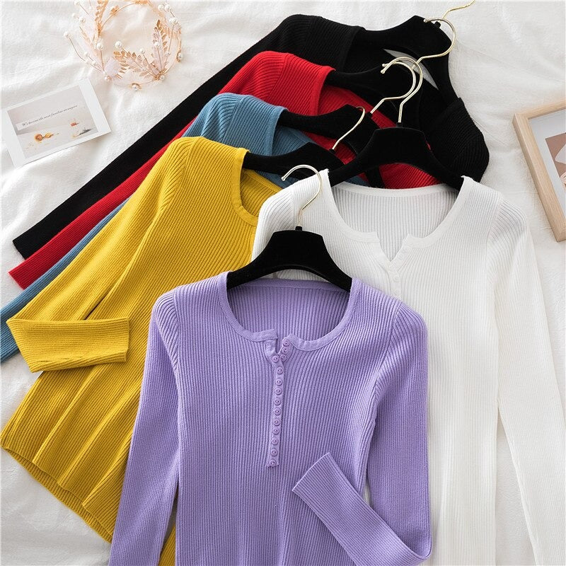 V-Neck Knitted Thin Long Sleeves Pullover For Women-Soco Hoodie
