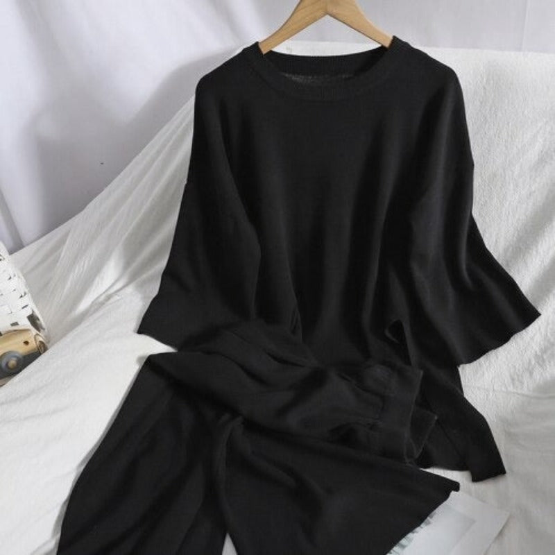 2 Pieces Long Slit Top With Loose Wide-Leg Pants For Women-Soco Hoodie