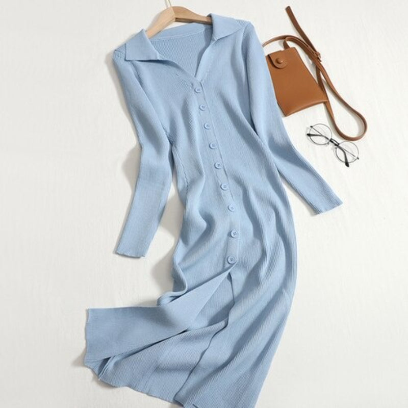 Button Down Elastic Knitted Sweater Dress-Soco Hoodie