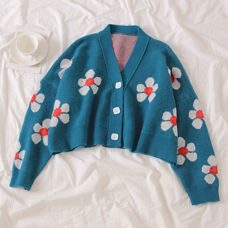 V-Neck Knitwear Loose Floral Knitted Sweater Cardigan-Soco Hoodie