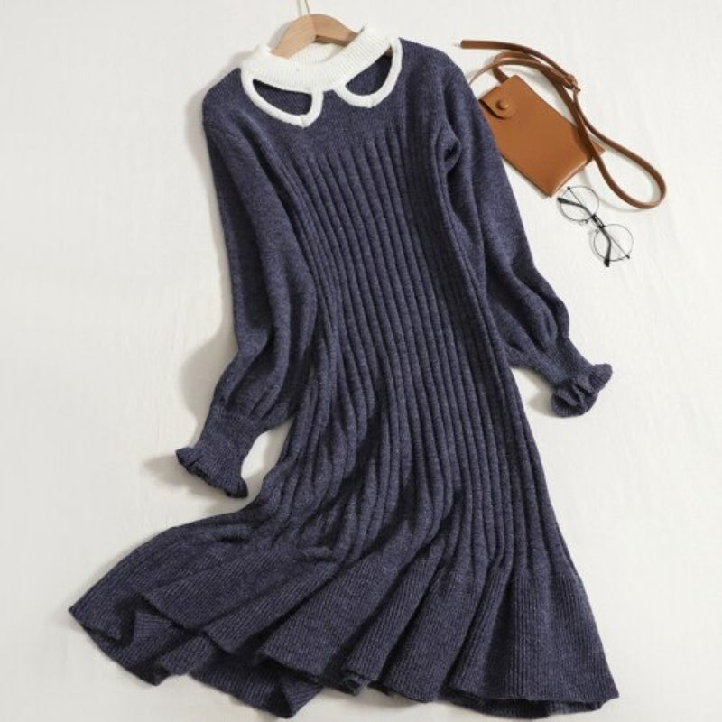 Hollowed Out Collar Ruffles Knitted Sweater Dress-Soco Hoodie