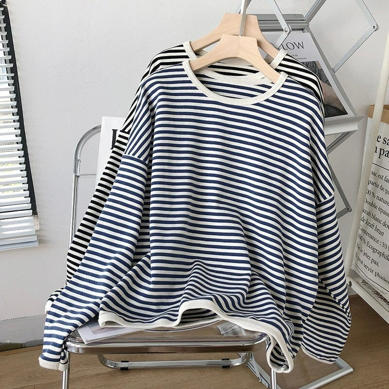 Women's Striped Round Neck Sweatshirt-Soco Hoodie