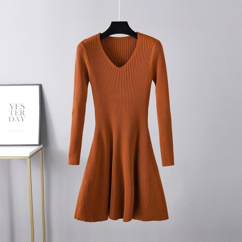 Autumn Oversize V-Neck Knitted Sweater Dress For Women-Soco Hoodie