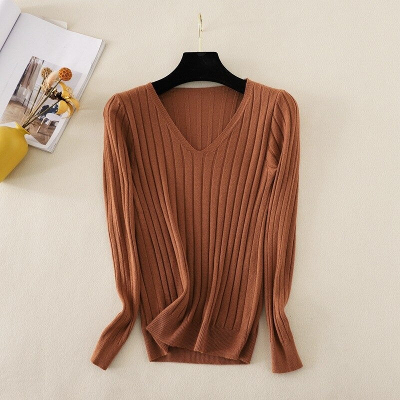 Basic V-Neck Solid Bodycon Knitted Sweater For Women-Soco Hoodie