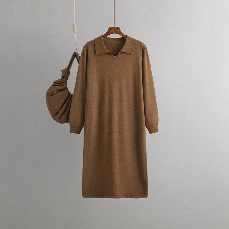 Polo Neck Loose Oversized Knitted Sweater Dress-Soco Hoodie