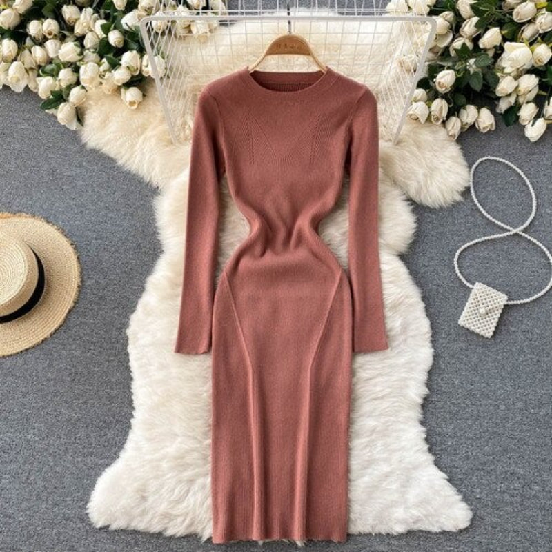 O-Neck Tight Stretch Knitted Slim Dress-Soco Hoodie