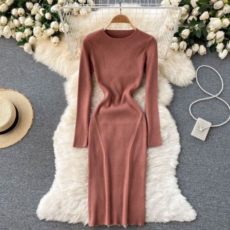 Elegant O Neck Tight Stretch Knit Dress For Women-Soco Hoodie