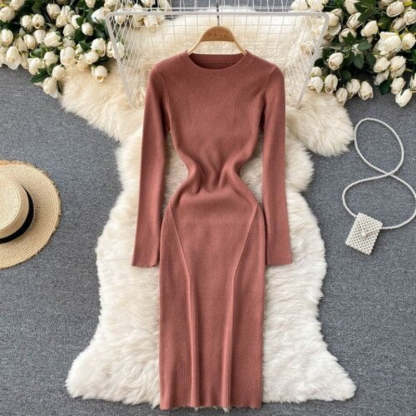 Elegant O Neck Tight Stretch Knit Dress For Women-Soco Hoodie