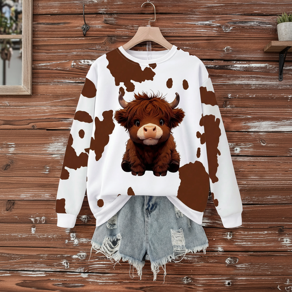 Cow Print Long Sleeve Casual Crew Sweatshirt