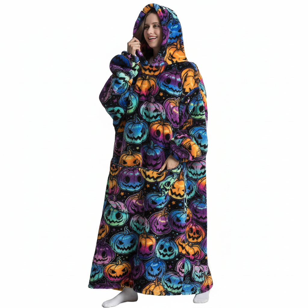 Oversized Pumpkin Print Wearable Hooded Blanket Hoodie