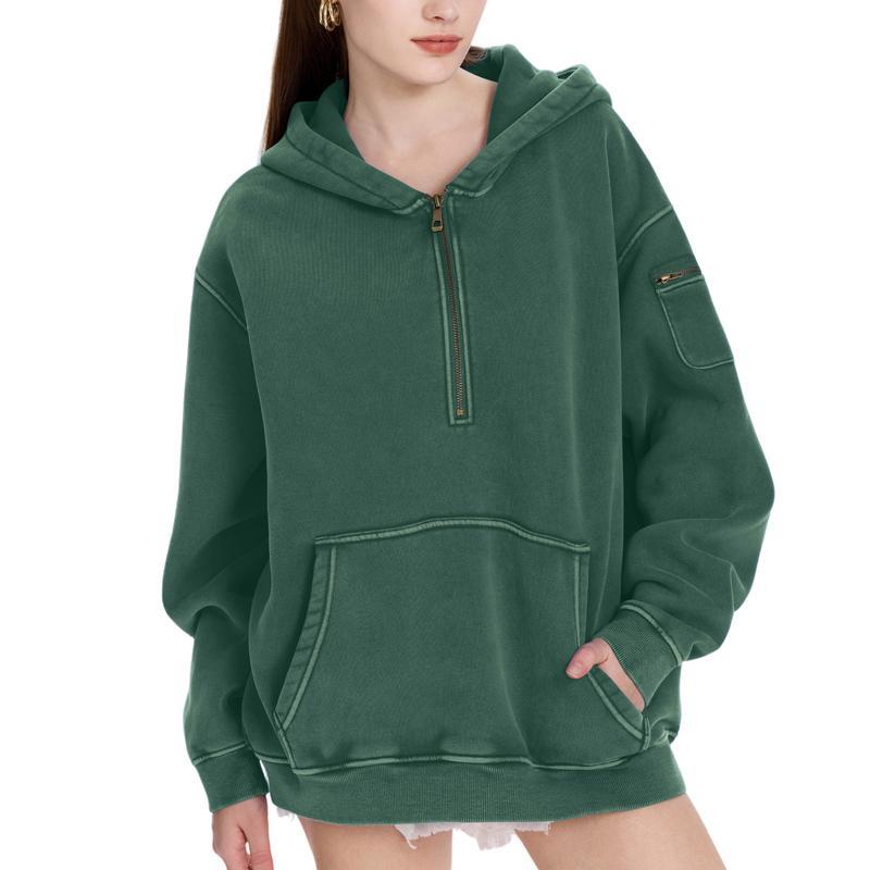 Oversized Half Zip Hoodie With Washed Finish And Kangaroo Pocket For Women