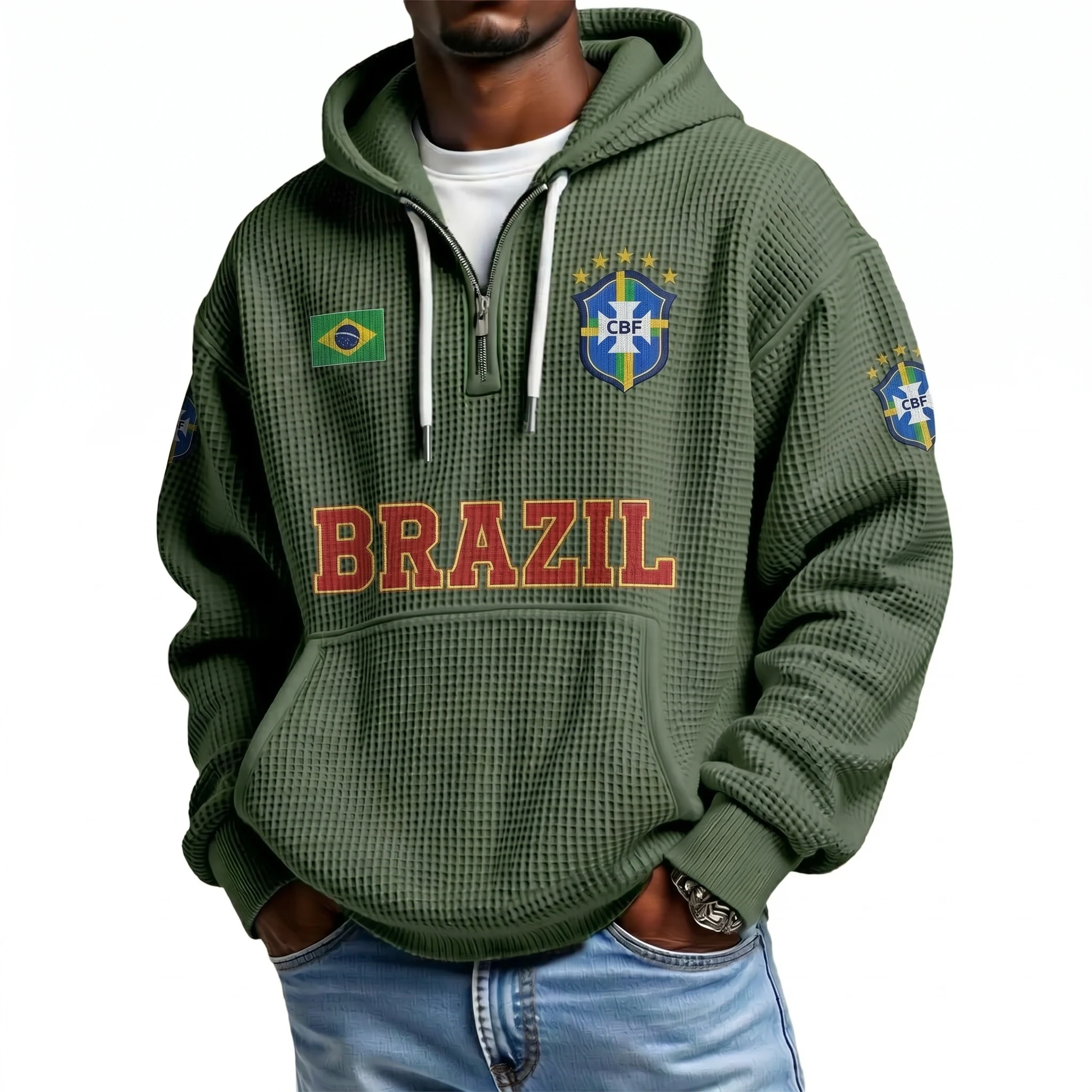 Brazil Printed Waffle Quarter Zip Football Fan Hoodie