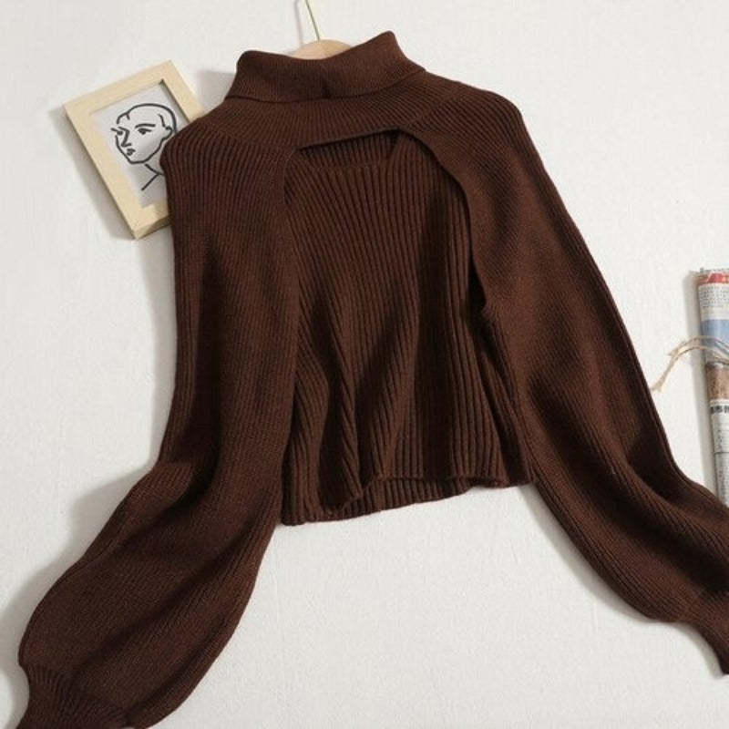 Turtleneck Long-Sleeved Knitted Smock With Vest Sweaters-Soco Hoodie