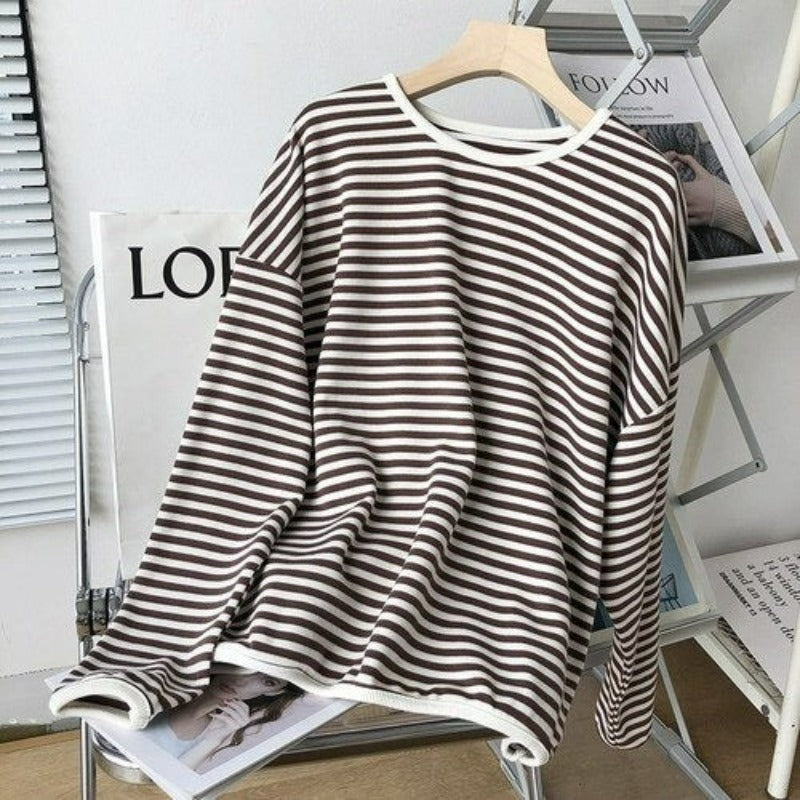 Women's Striped Round Neck Sweatshirt-Soco Hoodie