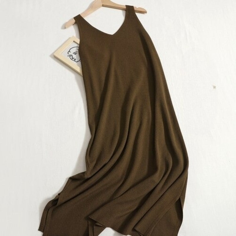 Warm V-Neck Knitted Long Sweater Dress-Soco Hoodie