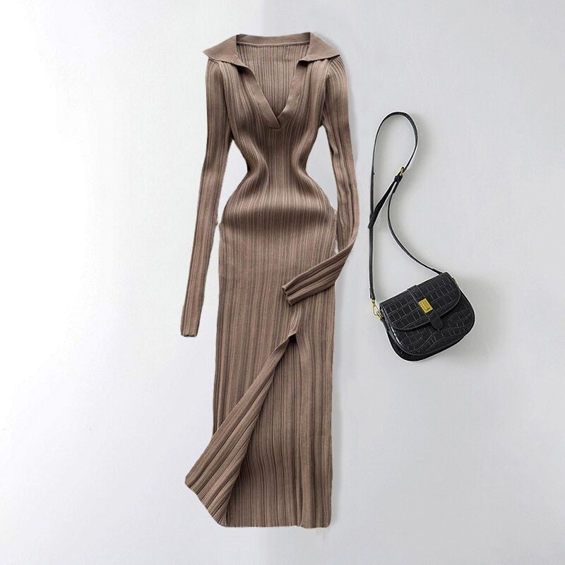 Slit Slim Knitted Square Neck Sheath Sweater Dress-Soco Hoodie