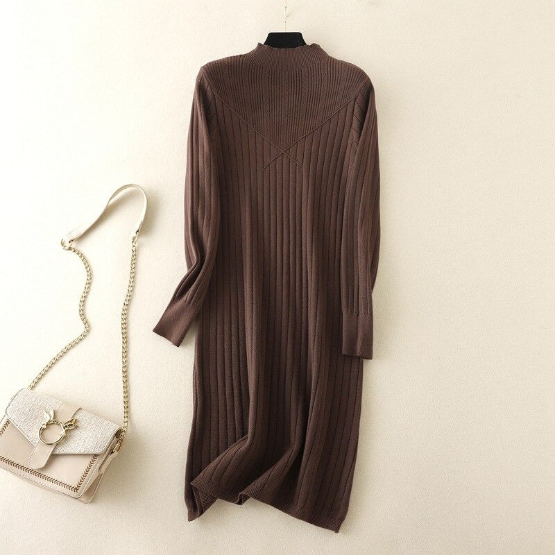 A-Line Mock Neck Knitted Sweater Dress-Soco Hoodie