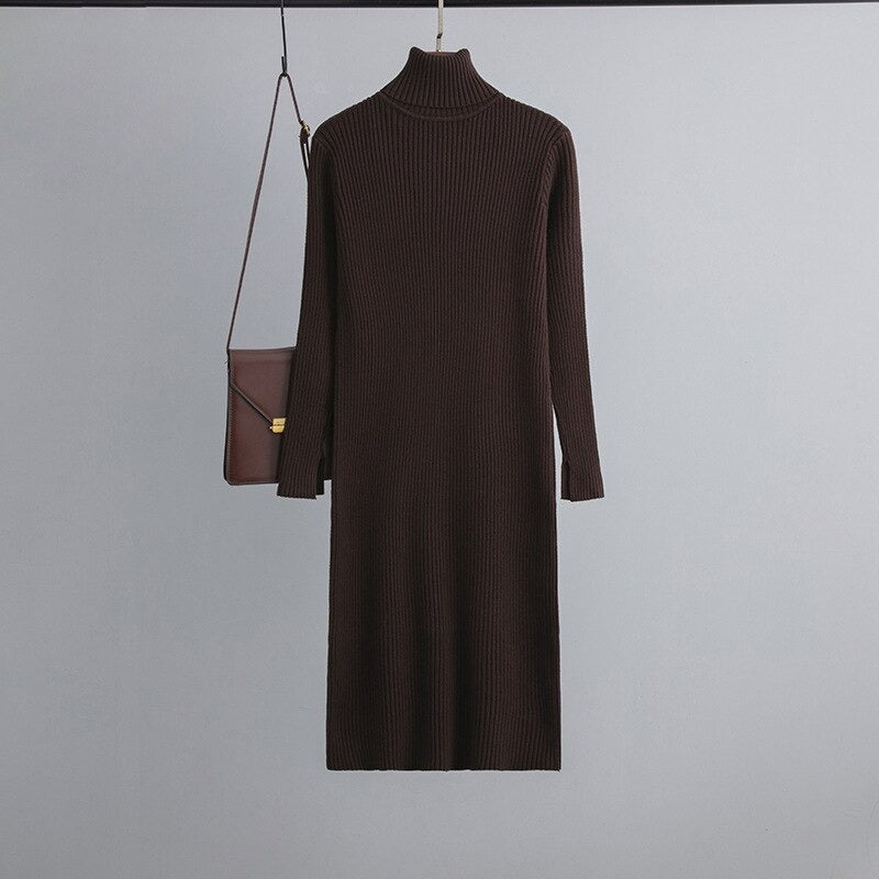 Turtleneck Ribbed Sweater Long Dress-Soco Hoodie