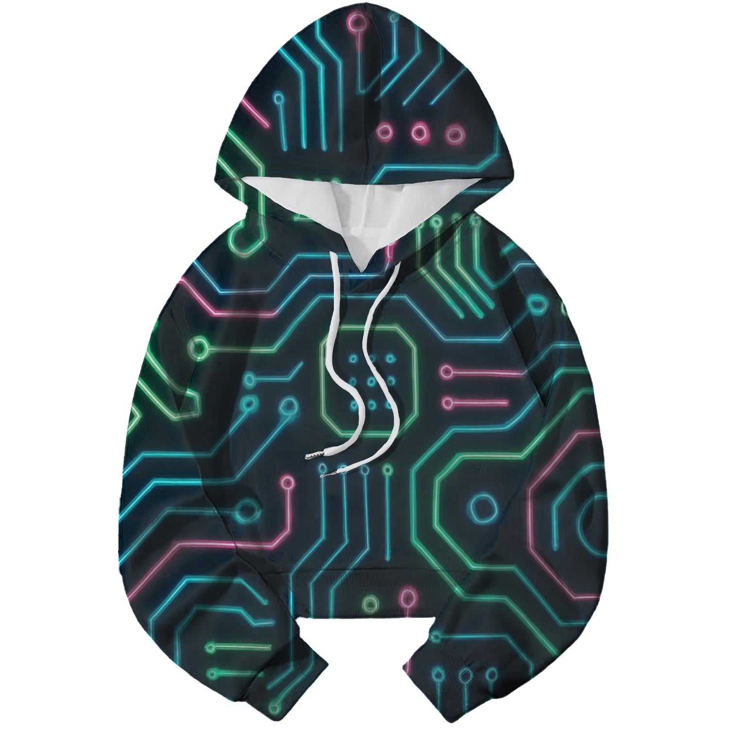 Futuristic Neon Circuitry Cropped Hoodie