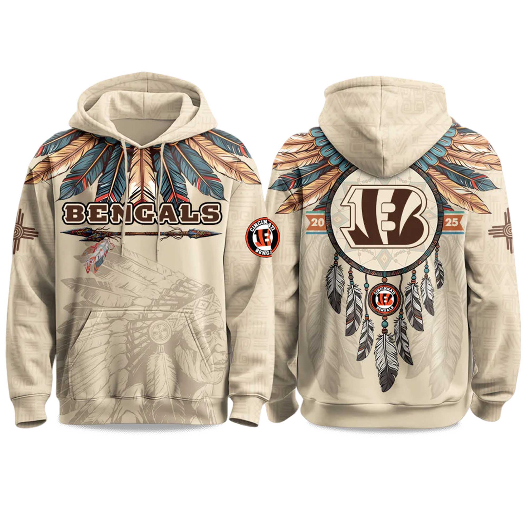 Native Heritage Inspired Cincinnati Bengals Football Fan Printed Pullover Hoodie