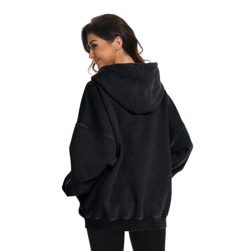 Oversized Long Sleeve Pullover Hoodie With Acid Wash Finish And Double Zipper