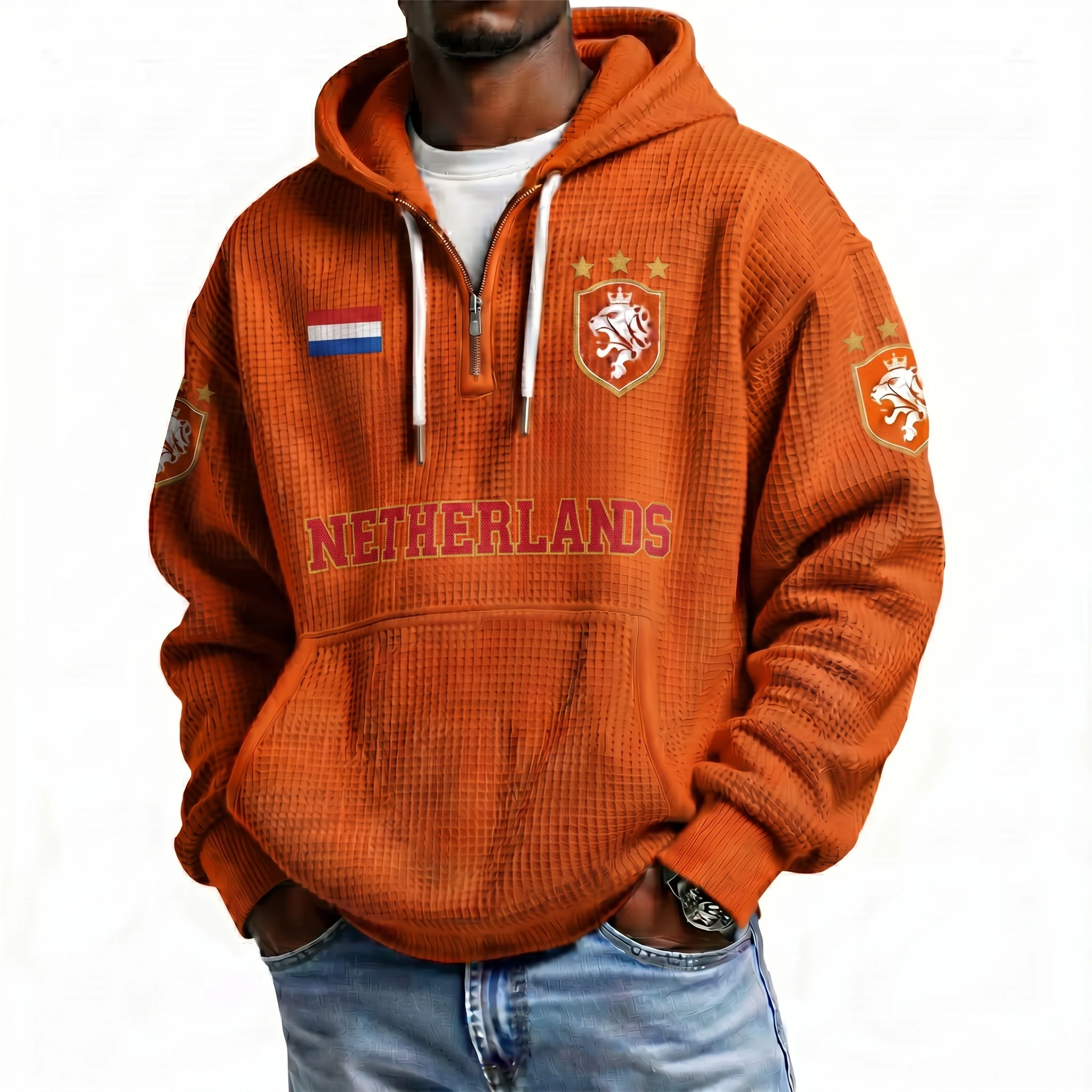 Netherlands Printed Waffle Quarter Zip Football Fan Hoodie