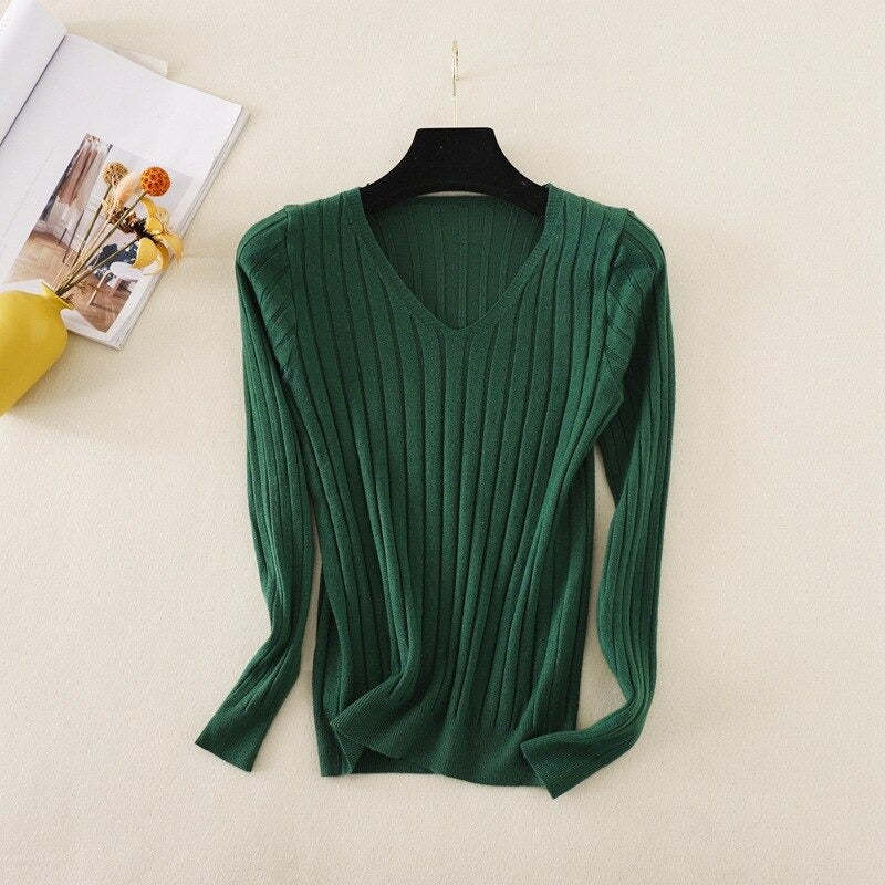 Basic V-Neck Solid Bodycon Knitted Sweater For Women-Soco Hoodie