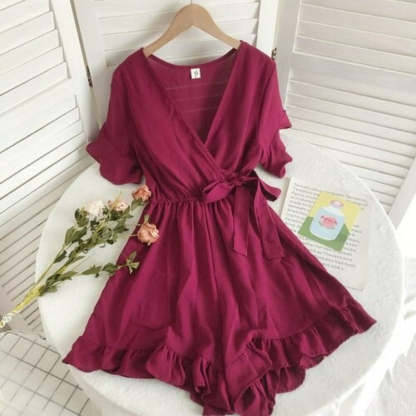 Women's Solid Color Short Ruffle Playsuit-Soco Hoodie