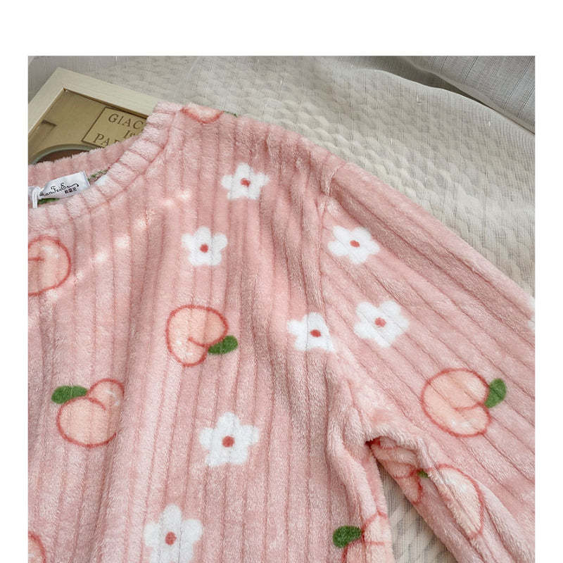 Strawberry Printed Velvet Pajama Set For Women-Soco Hoodie