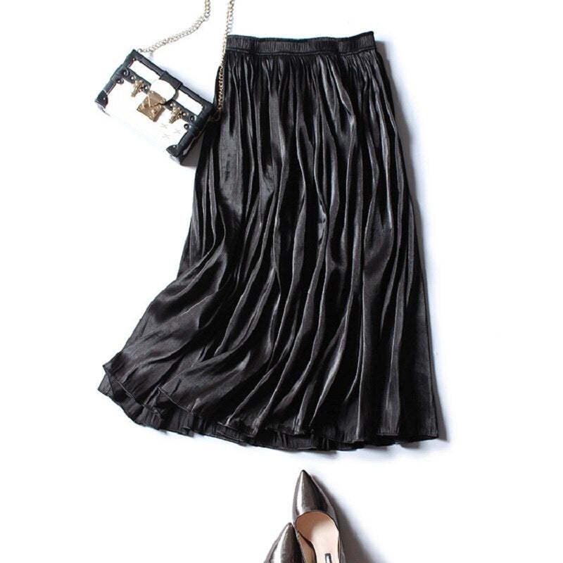 Shiny Silky Gloss Casual Midi Skirt For Women-Soco Hoodie