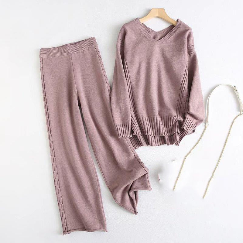 Winter Twist Knitted Wide Leg Pant Sets-Soco Hoodie