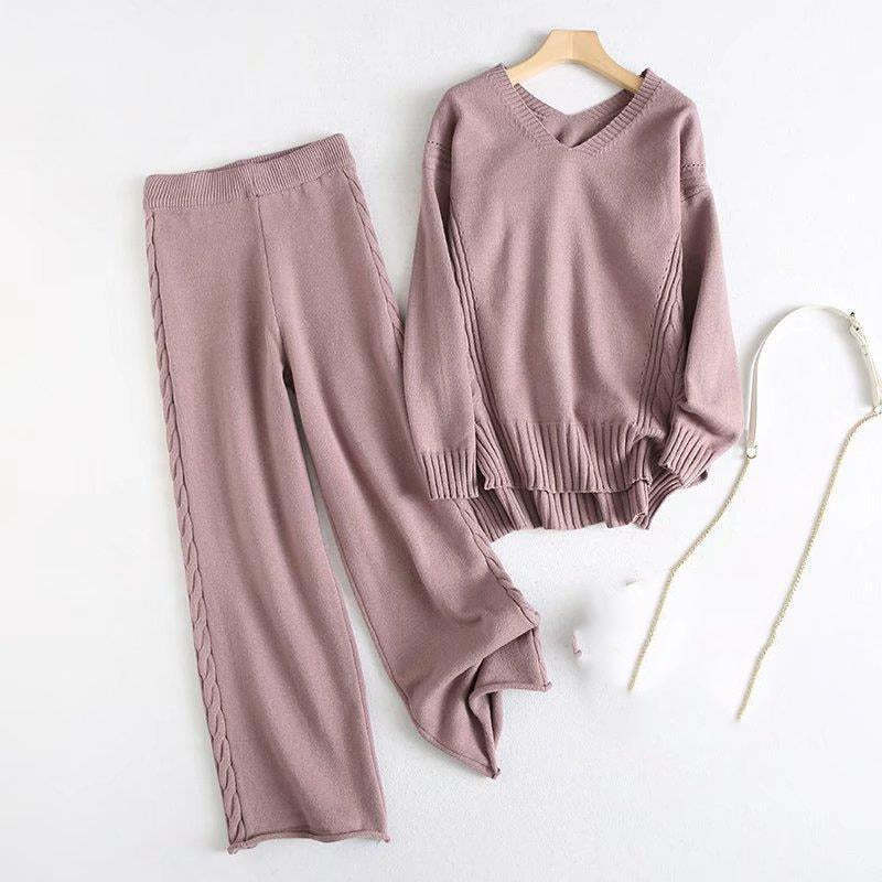 Winter Twist Knitted Wide Leg Pant Sets-Soco Hoodie