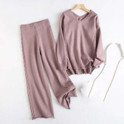 Winter Twist Knitted Wide Leg Pant Sets-Soco Hoodie